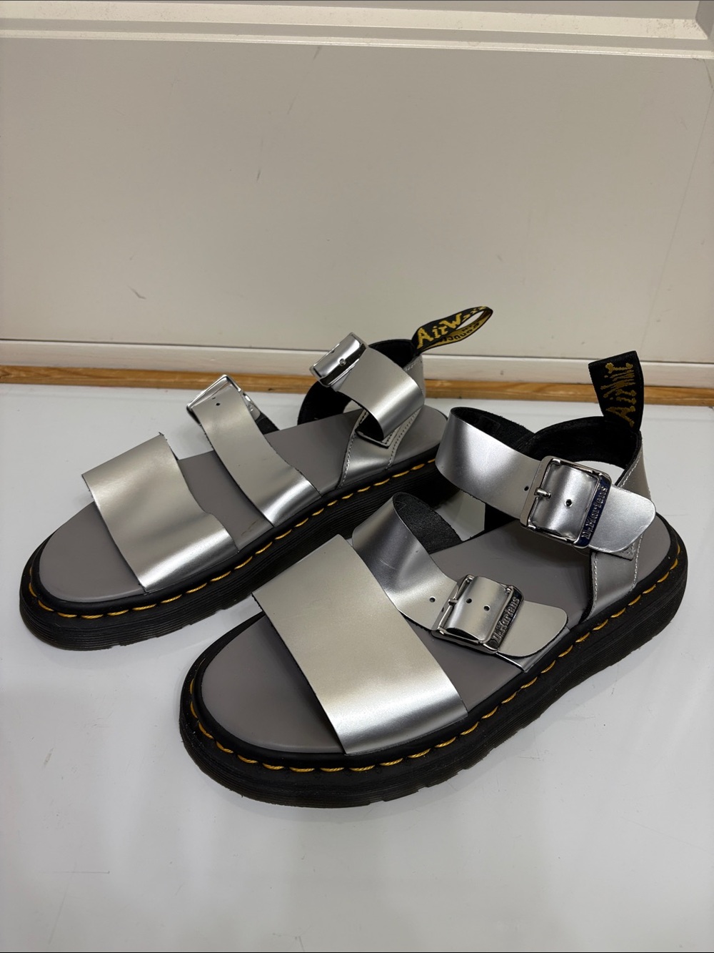 Dr. Martens‎ Metallic Silver Triple-Strap Buckle Sandals